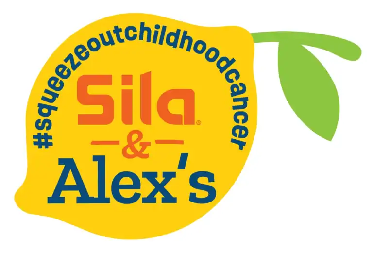Yellow lemon graphic with the text "#squeezeoutchildhoodcancer" and "Sila & Alex's" inside, promoting a childhood cancer awareness campaign.