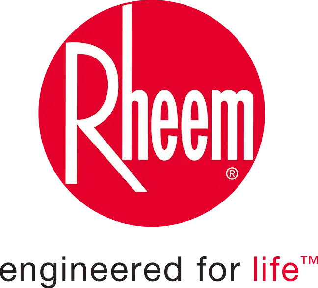 Rheem logo with white text on a red oval background and a dark gray border.